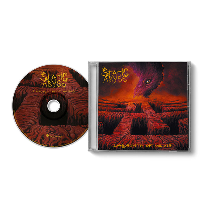 A CD and case for Static Abyss’s Death/Doom metal album "Labyrinth of Veins," with red, fiery maze art featuring a monstrous eye. The band name and album title appear in bold yellow lettering. Static Abyss is an Autopsy side project.