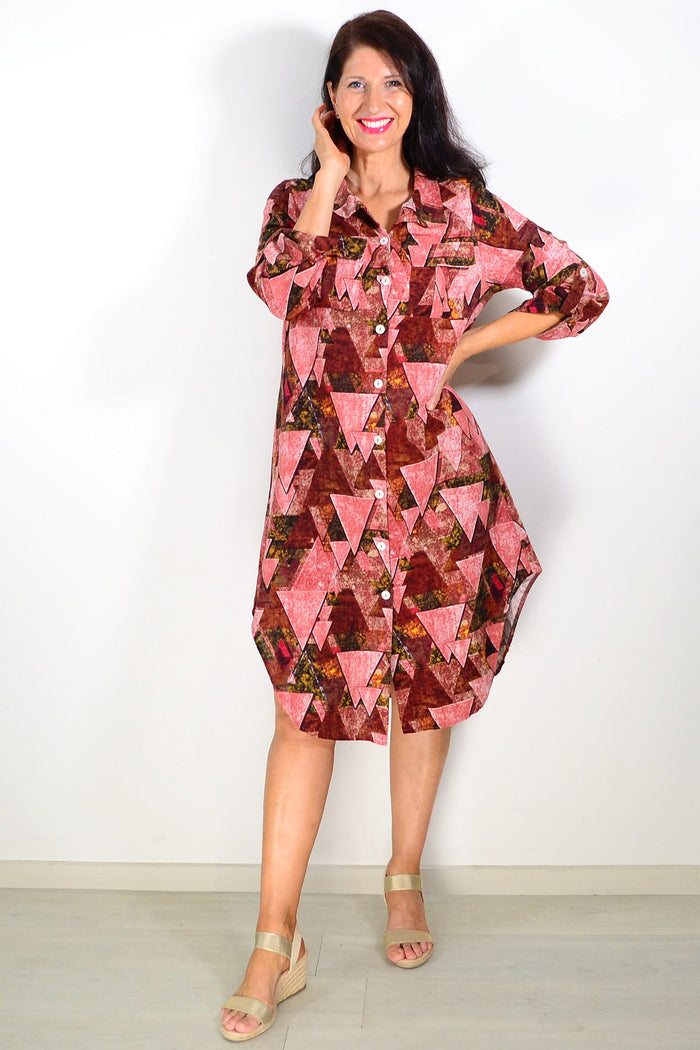 Pink printed ladies long shirt tunic by Wishstone, showing the stylish design and comfortable fit in the image.