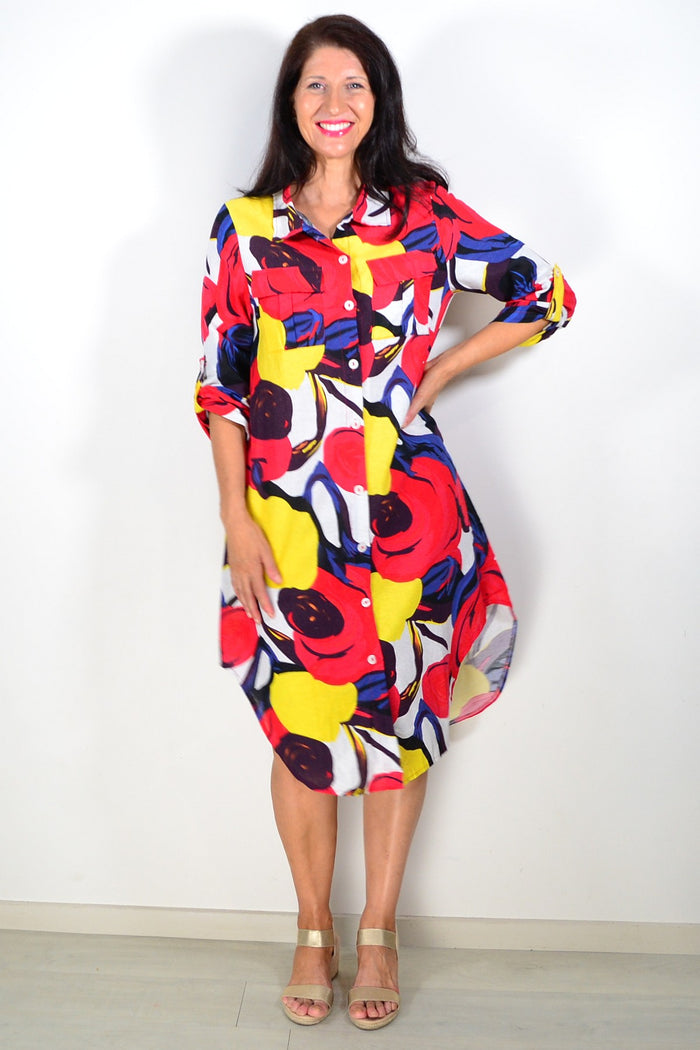 Red and yellow printed women's tunic long shirt by Wishstone, featuring a stylish and comfortable design.