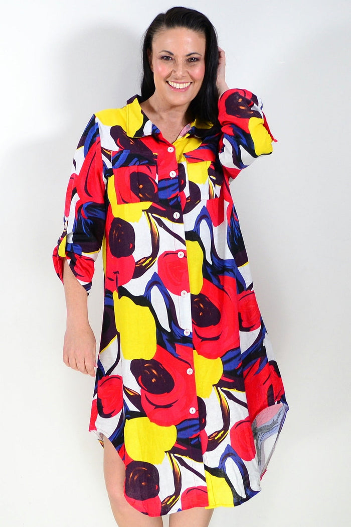 Red and yellow printed ladies long tunic shirt by Wishstone, featuring a stylish and comfortable design.