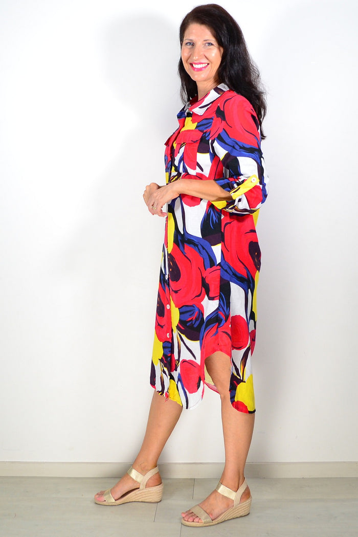 Red and yellow printed ladies long tunic shirt by Wishstone, featuring a stylish and comfortable design.