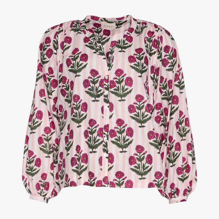 Front of Lara Organic Cotton Top in Cherry Bloom with v slit neckline and long sleeves - ANNIE.G
