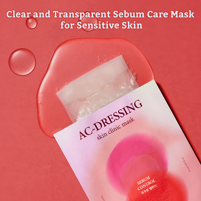Leaders Skin Clinic Mask AC-Dressing | Leaders displayed with a clear, transparent sebum control mask on a coral pink background, highlighting skincare for sensitive skin.