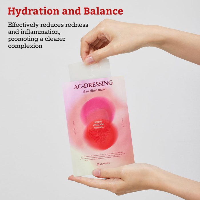 Hands holding a packet of Leaders Skin Clinic Mask AC-Dressing | Leaders with text about hydration, balance, and reducing redness and inflammation for clearer complexion skincare.