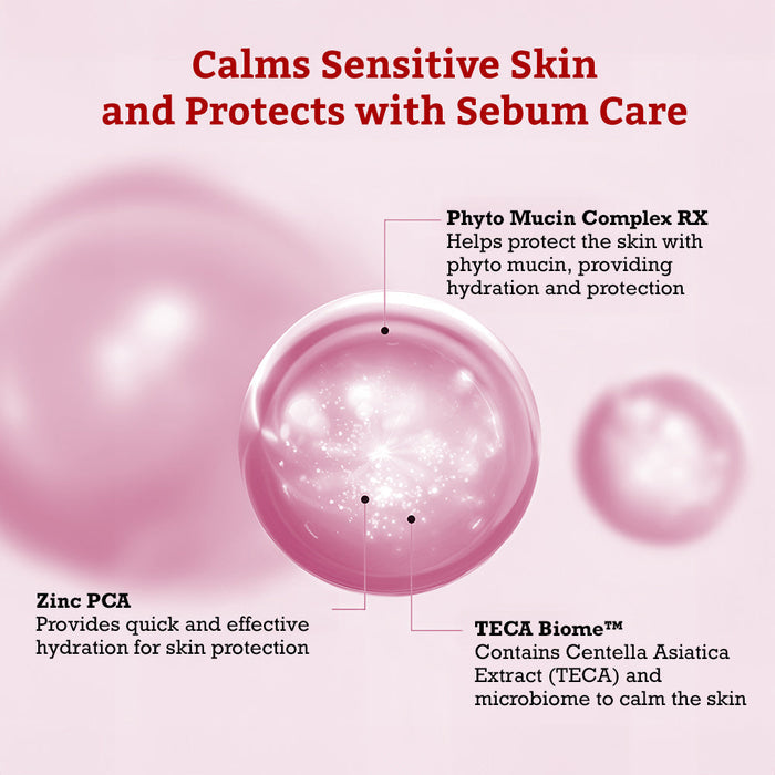 Graphic showing key skincare ingredients including Phyto Mucin Complex RX, Zinc PCA, and TECA Biome in a product that calms sensitive skin and provides sebum care, promoting hydration and protection, for Leaders Skin Clinic Mask AC-Dressing | Leaders.