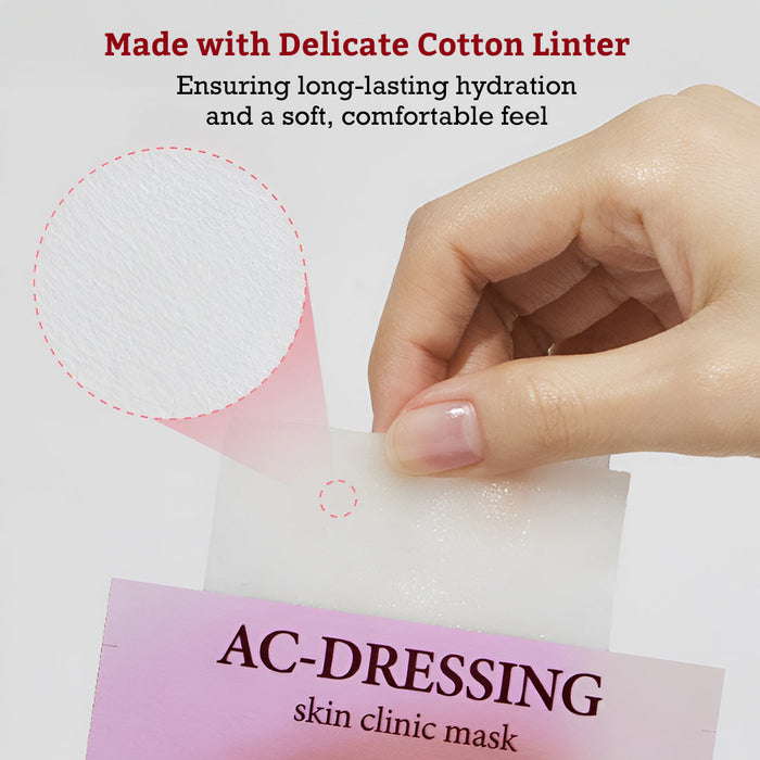 Hand holding a sheet mask extracted from packaging labeled AC-DRESSING skin clinic mask, highlighting delicate cotton linter texture for hydration and comfort, Leaders Skin Clinic Mask AC-Dressing | Leaders.