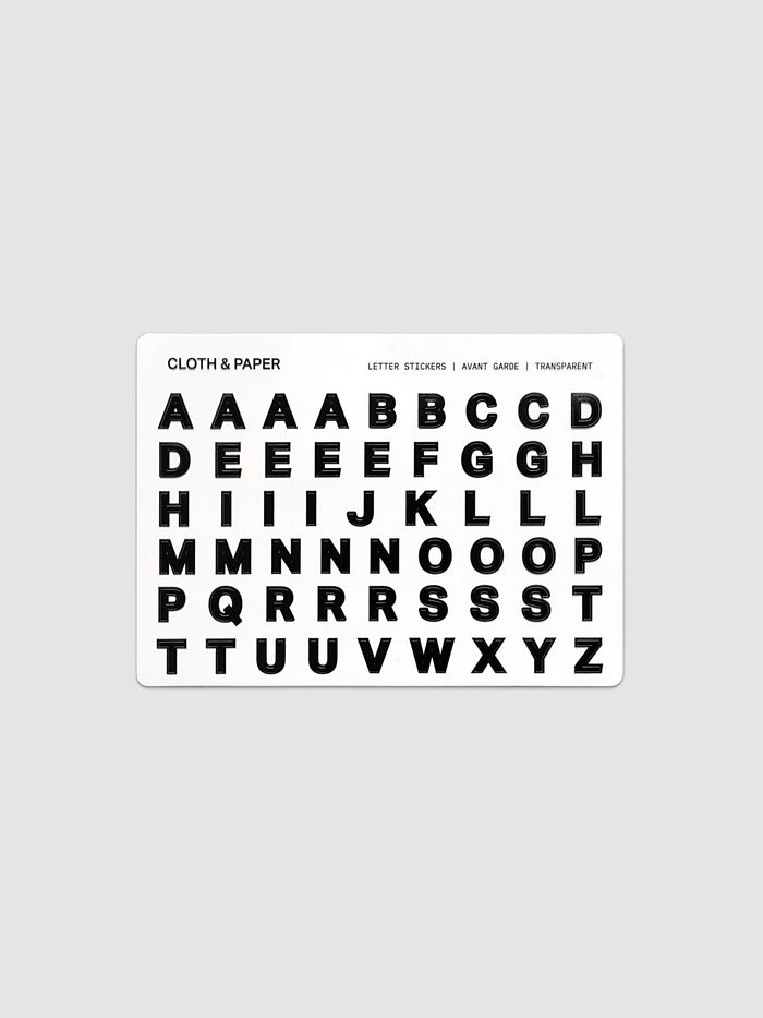 Letter Stickers Transparent, single sheet showing full A–Z alphabet in bold black letters on a clear backing