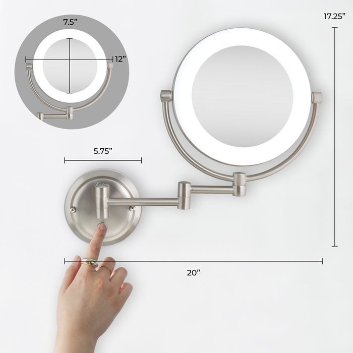 Zadro SLWRLT410 705004423441 in-use photo hand pushing button with dimensions, lexington lighted wall mounted makeup mirror with magnification in front of white background
