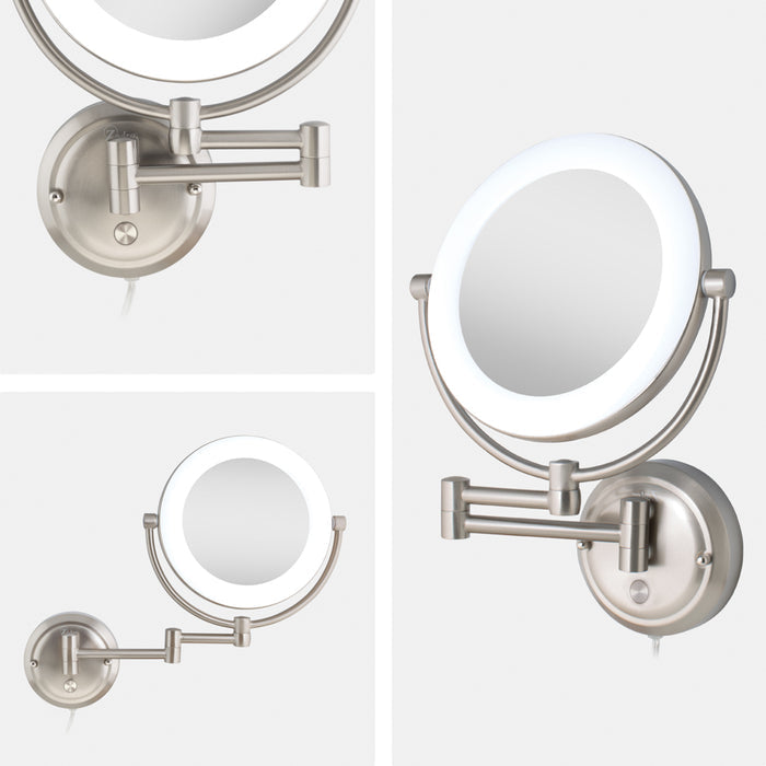 Zadro SLWRLT410 705004423441 product grid collage, lexington lighted wall mounted makeup mirror with magnification collage of product photos in front of a solid neutral background