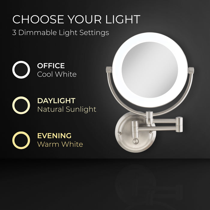 Zadro SLWRLT410 705004423441 product photo front view satin nickel finish with color temperature settings, lexington lighted wall mounted makeup mirror with magnification in front of black background