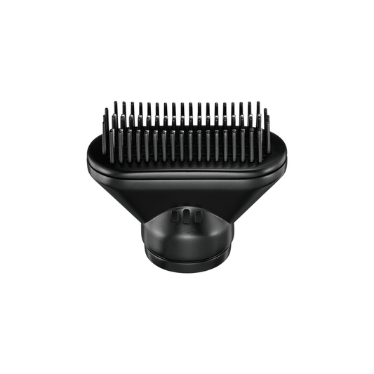 Black hair dryer nozzle with bristle brush attachment on a white background