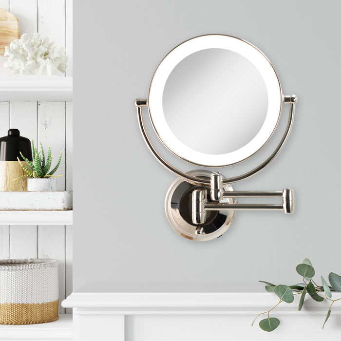 Zadro LEDW310 705004421805 environment photo front view next to storage, lighted wall mounted makeup mirror with magnification & extendable arm in front of a real life setting