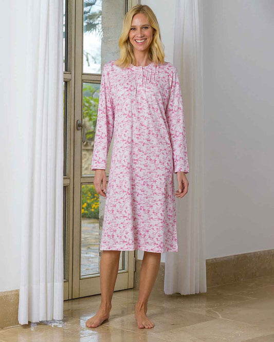 Lillian Floral Long Sleeve Cotton Jersey Nightdress - Image 1 - The Classic Boutique