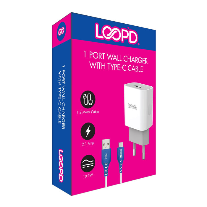 LOOP'D 1 Port Home Type A Charger With Type-C Cable 10.5W