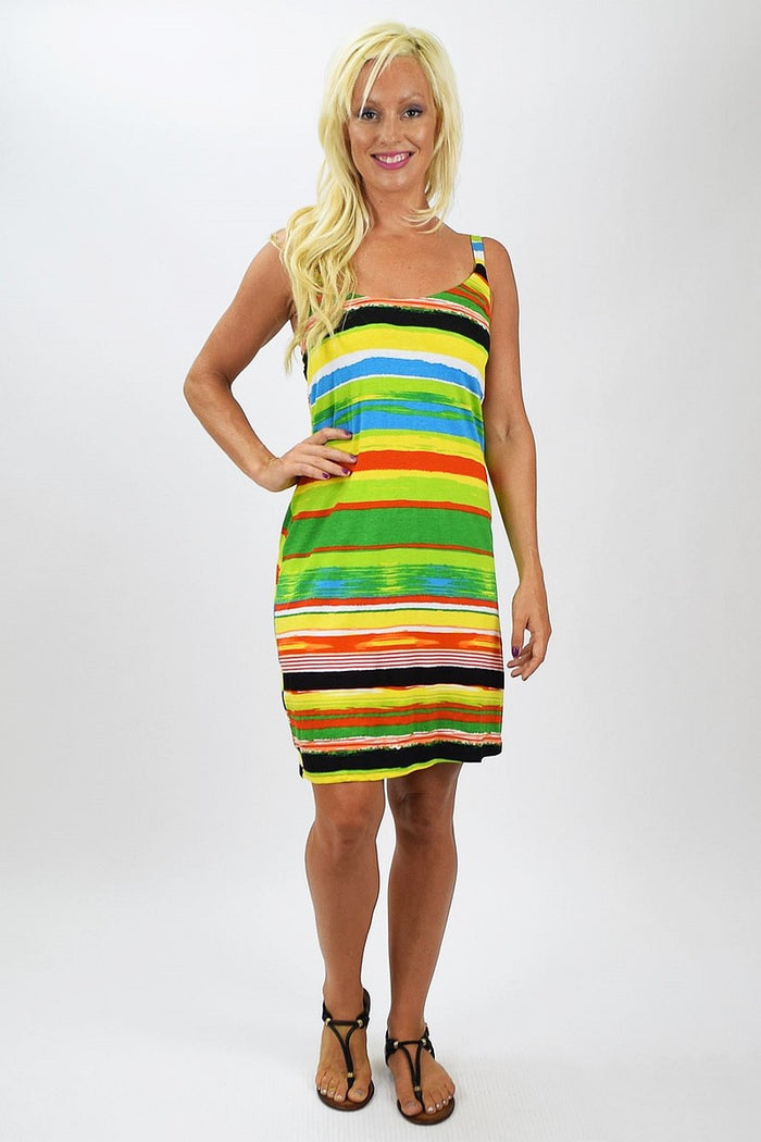 Lora Stripe Tunic Dress by Hari Lang featuring a relaxed fit, vertical stripe pattern, and long sleeves, displayed on a hanger.