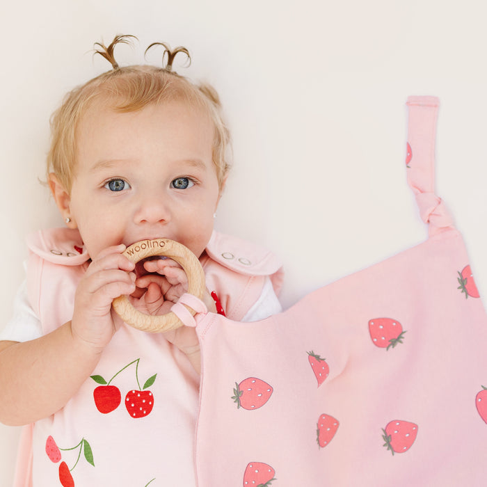 Lovey, Merino Wool and Organic Cotton with Removable Teething Ring, Strawberry