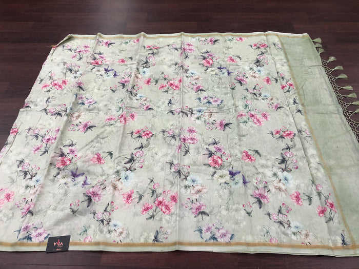 Lt Green Floral Printed pure munga silk saree