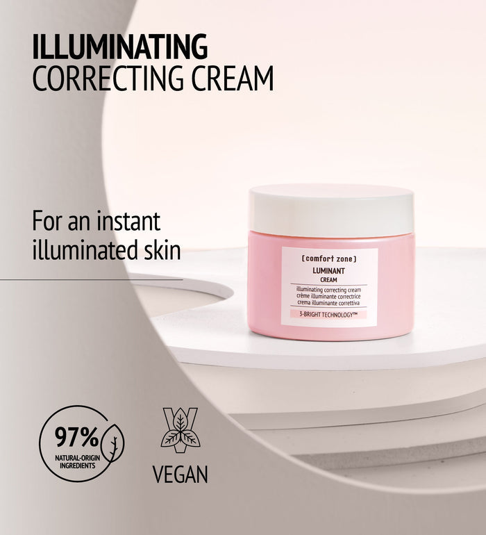 Luminant Cream | [ comfort zone ] in a pink jar with white lid, shown on a white surface, promoting illuminating correcting skincare for instant radiant skin with 97% natural-origin ingredients and vegan formula.
