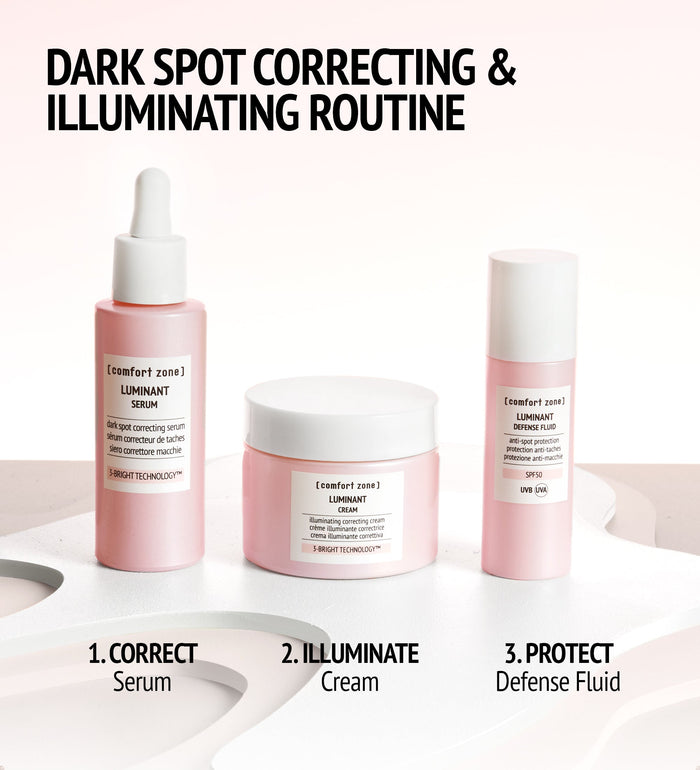 Three skincare products for dark spot correcting and illuminating routine featuring Luminant Serum | [ comfort zone ], including serum, cream, and defense fluid in soft pink packaging.