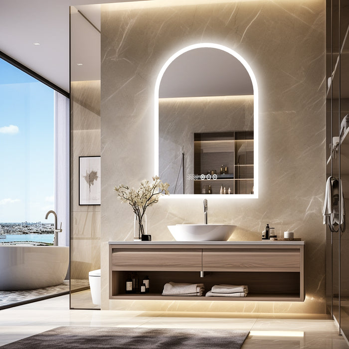 LUVODI Arched LED Bathroom Mirror Date and Time, Temperature