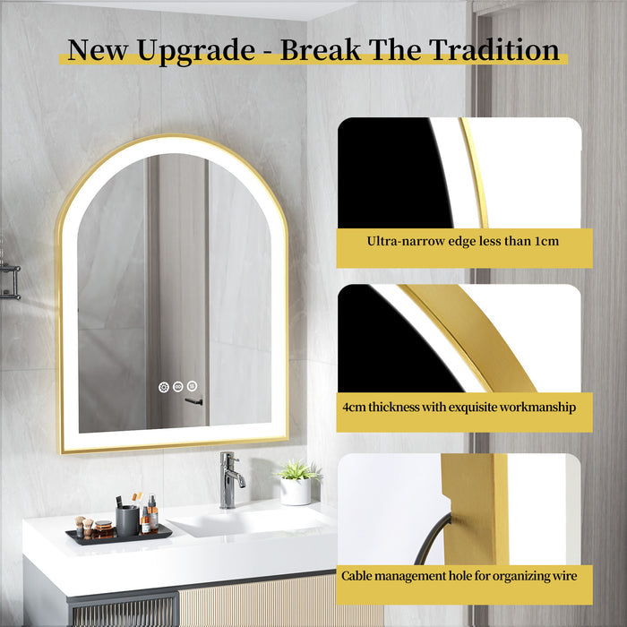 LUVODI Arched LED Bathroom Mirror with Gold Aluminum Alloy Narrow Frame Defogging 3 Color