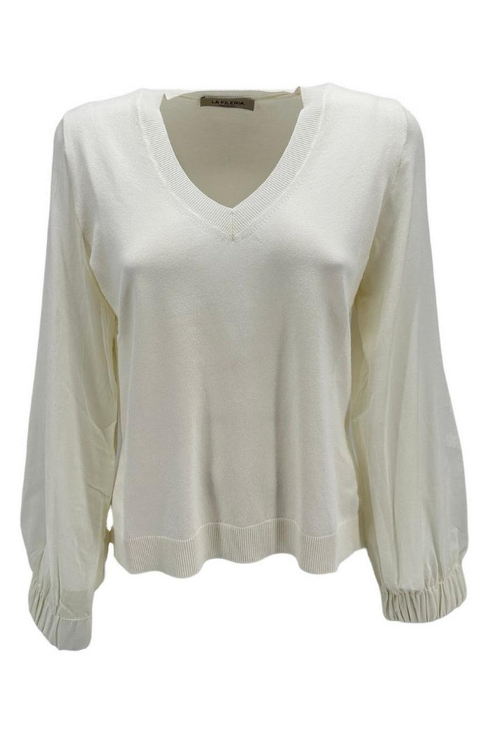 maglia donna avorio scollo a v con maniche in mussola