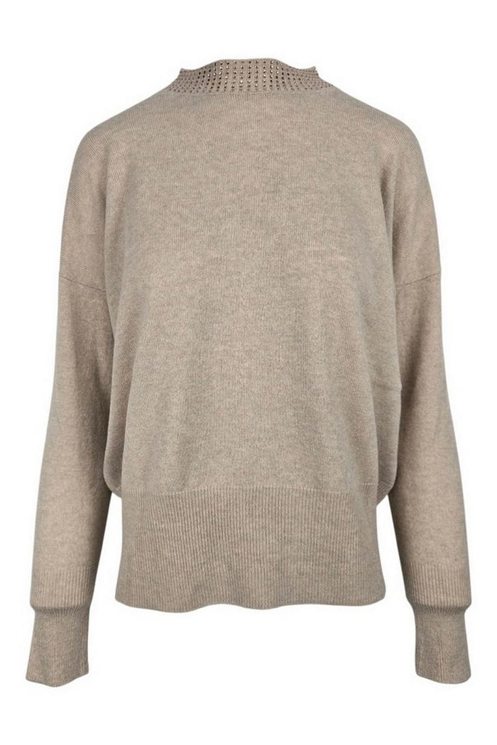 maglia donna girocollo strass al collo sabbia