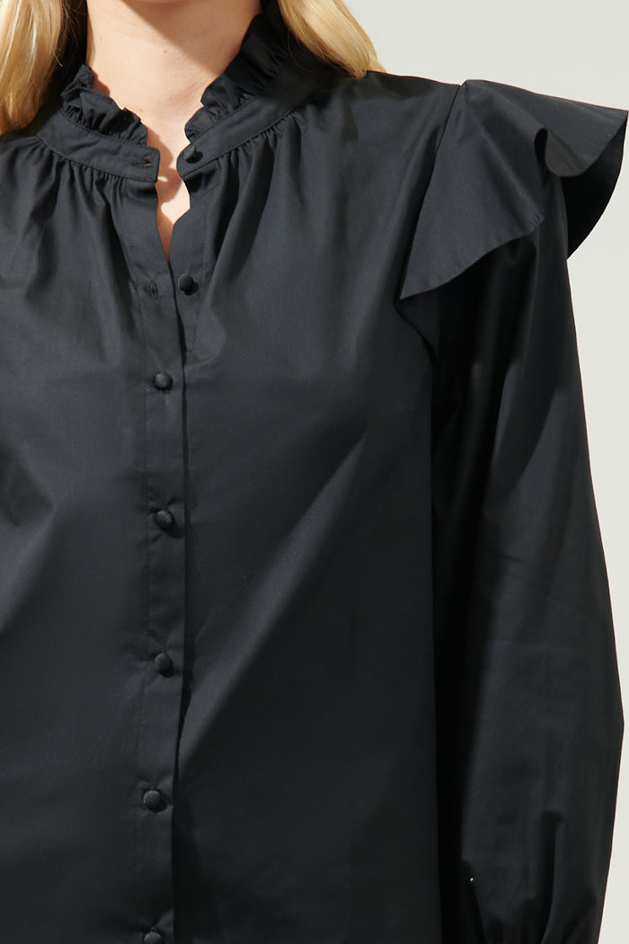 Malbec Ruffle Button Front Poplin Blouse