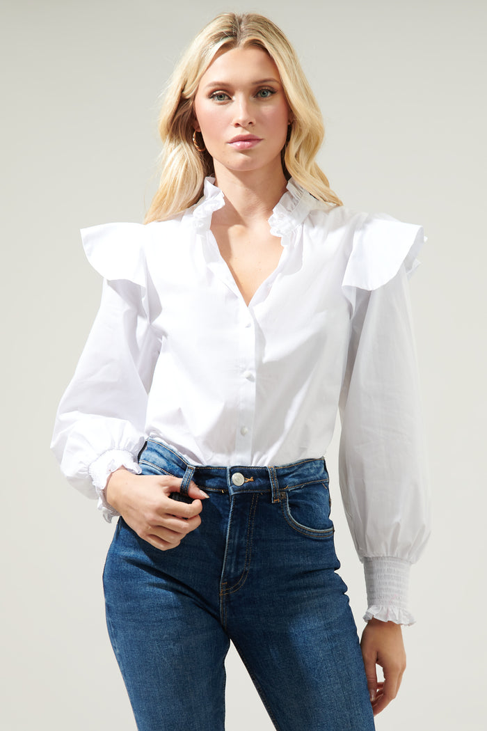 Malbec Ruffle Button Front Poplin Blouse