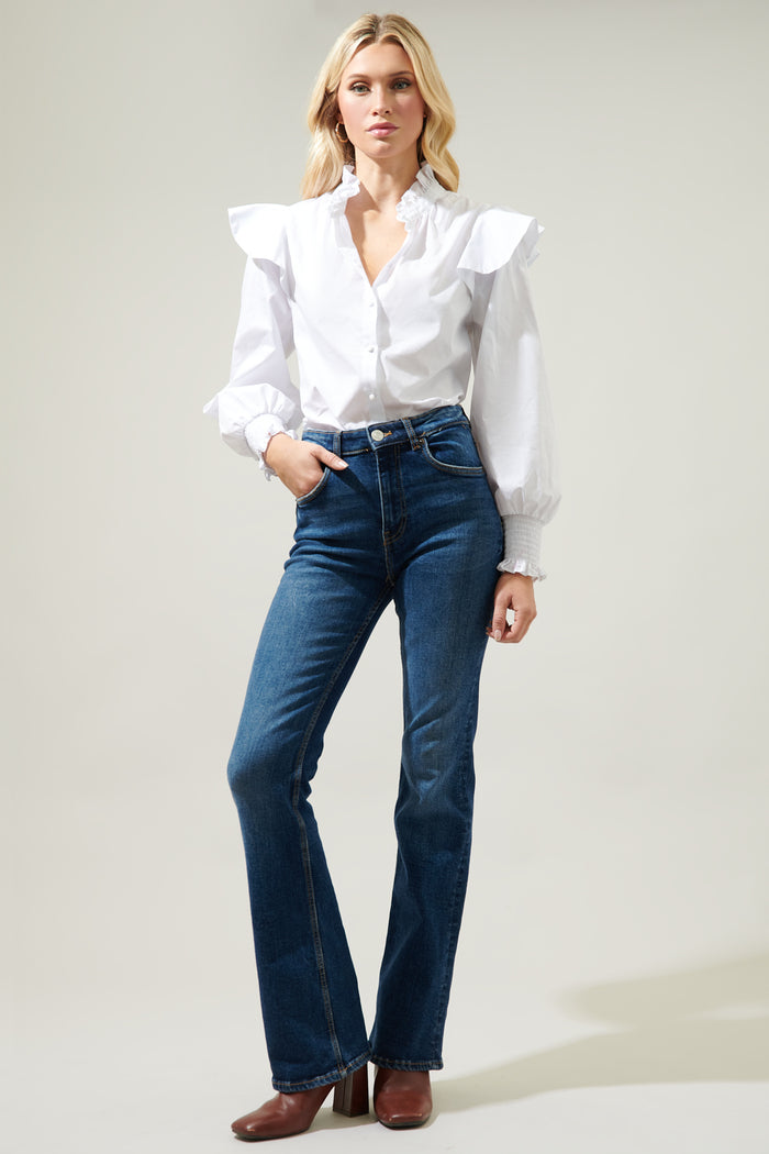 Malbec Ruffle Button Front Poplin Blouse