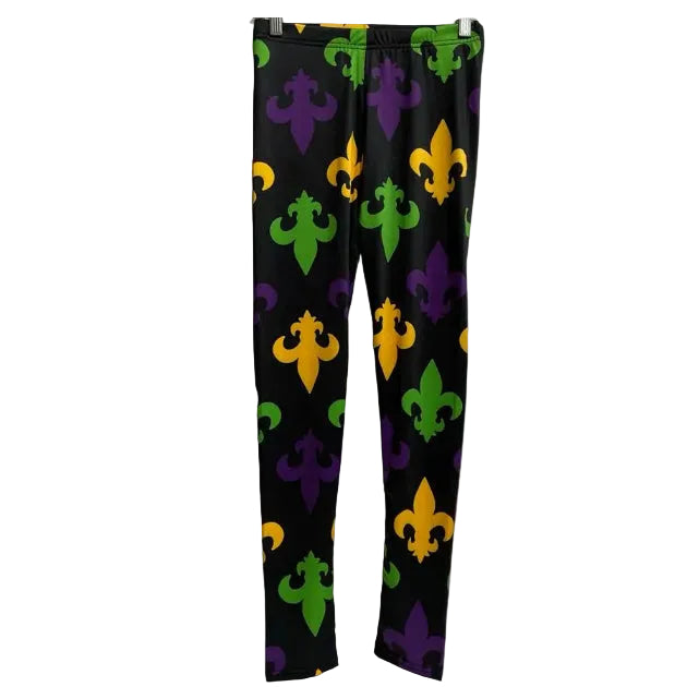A pair of leggings with a Mardi Gras theme, featuring a pattern with green, yellow, and purple colors on a black background.