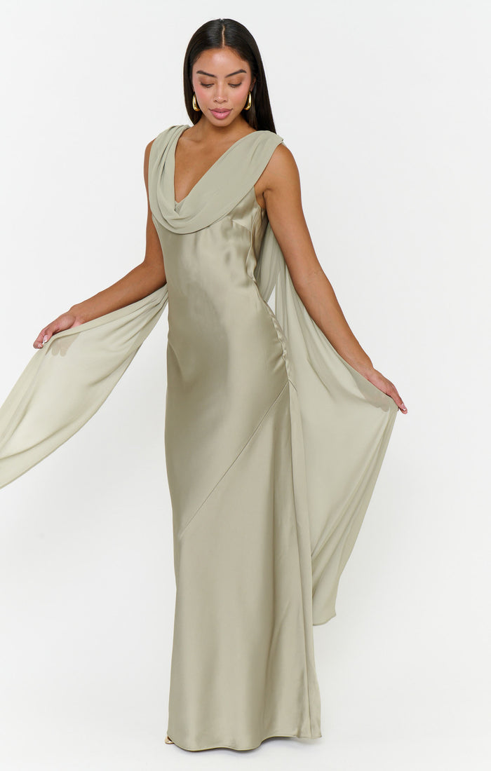 Maya Maxi Dress ~ Moss Green Luxe Satin