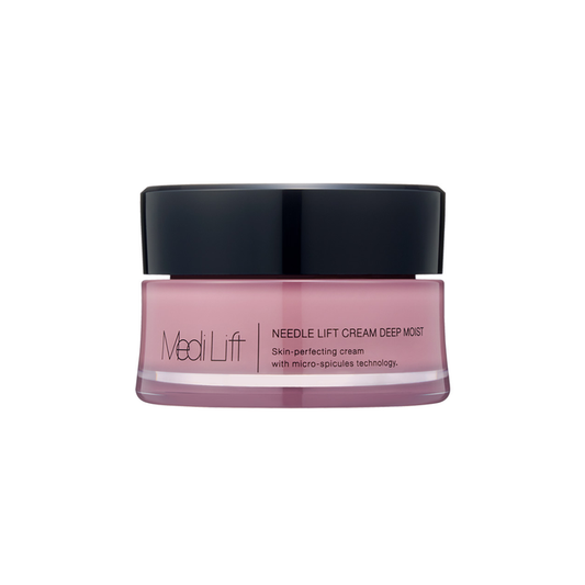 Pink jar of Medilift Needle Lift Cream Deep Moist on a white background