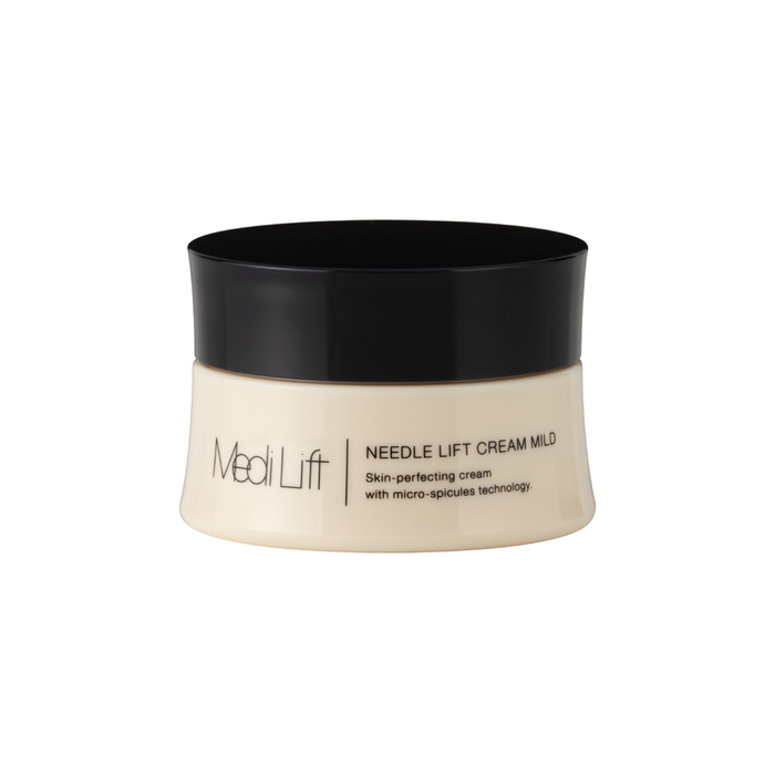 Beige jar with black lid labeled 'MediLift Needle Lift Cream Mild' on a white background