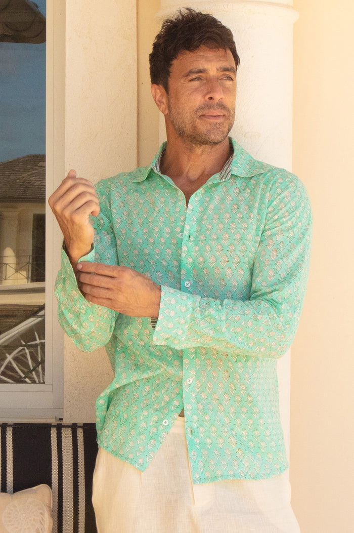 Men's Organic Cotton Shirt | Floral Turquoise/White - Aspiga