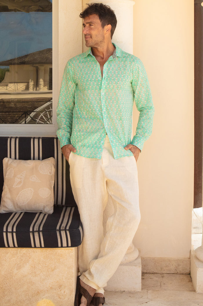 Men's Organic Cotton Shirt | Floral Turquoise/White - Aspiga