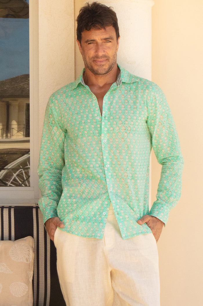 Men's Organic Cotton Shirt | Floral Turquoise/White - Aspiga