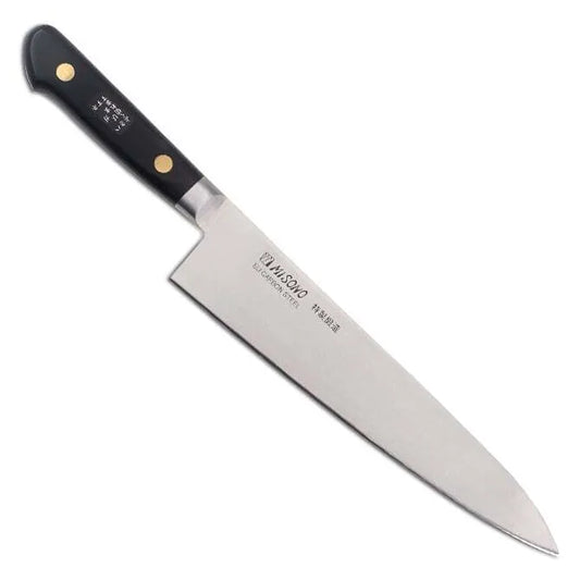 A MISONO Swedish carbon steel chef knife with a black handle and a silver blade, featuring the MISONO brand name on the blade's edge.