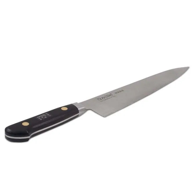 A MISONO Swedish carbon steel chef knife with a black handle and a silver blade, featuring the MISONO brand name on the blade's edge.