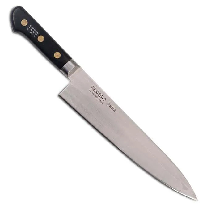 A MISONO Swedish carbon steel chef knife with a black handle and a silver blade, featuring the MISONO brand name on the blade's edge.