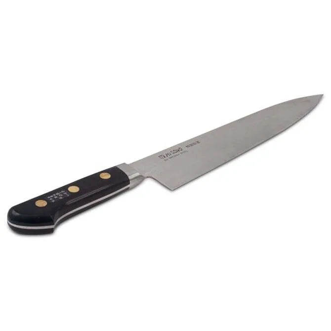 A MISONO Swedish carbon steel chef knife with a black handle and a silver blade, featuring the MISONO brand name on the blade's edge.