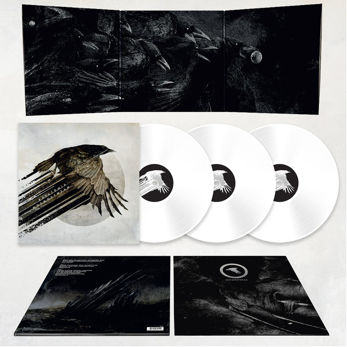 Katatonia white deluxe vinyl box set: includes three white records, a sleeve with a flying black bird, fold-out cover with abstract art and moon, plus inserts featuring rarities and song info.