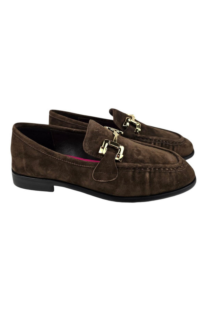 mocassino donna in camoscio marrone con staffa