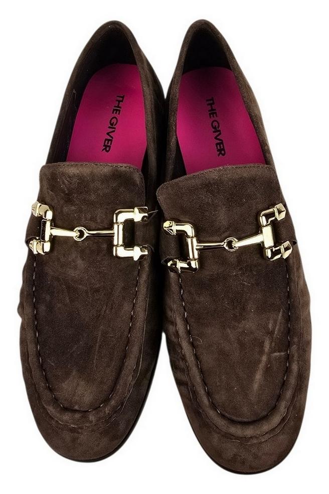 mocassino donna in camoscio marrone con staffa