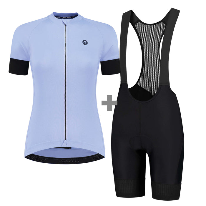 Rogelli fietskleding set voor dames met lila Modesta fietsshirt en zwarte fietsbroek.