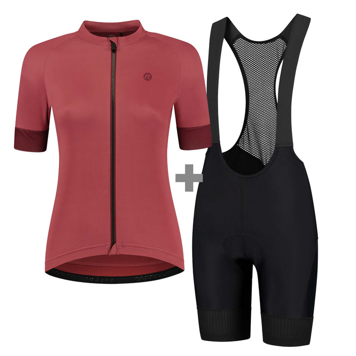 Rogelli fietskleding set voor dames met rood Modesta fietsshirt en zwarte fietsbroek.