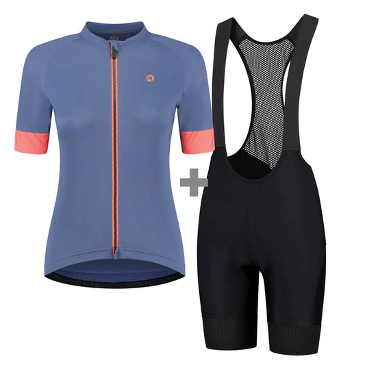 Rogelli fietskleding set voor dames met blauw Modesta fietsshirt en Power fietsbroek.