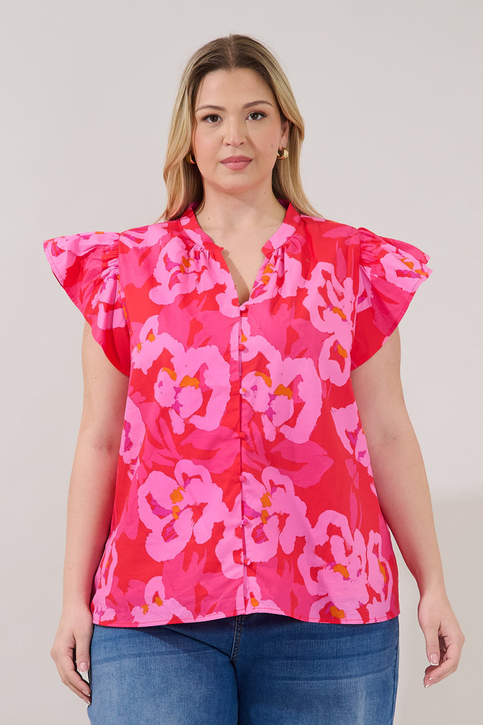 Moe Split Neck Top Floral Curve