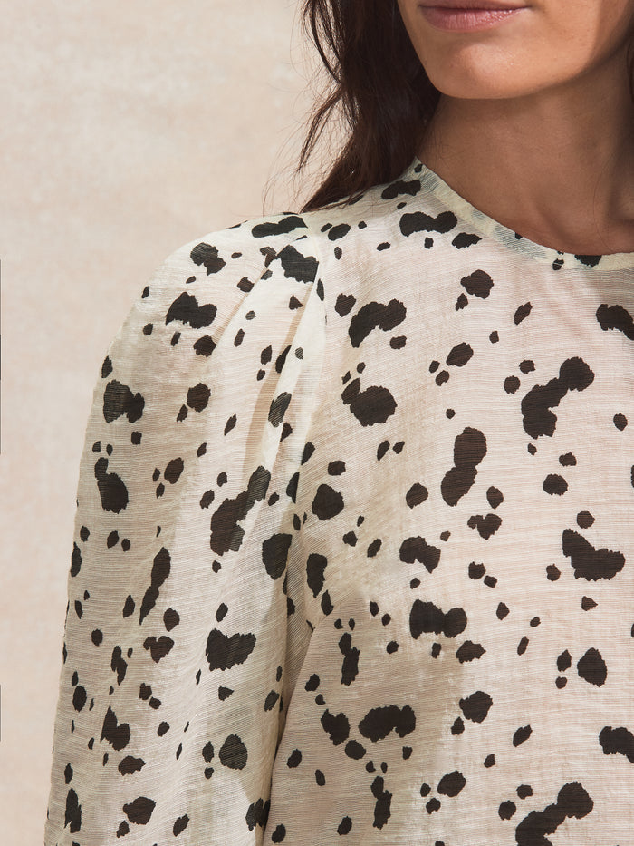 Mono Dalmatian Print Puff Sleeve Blouse