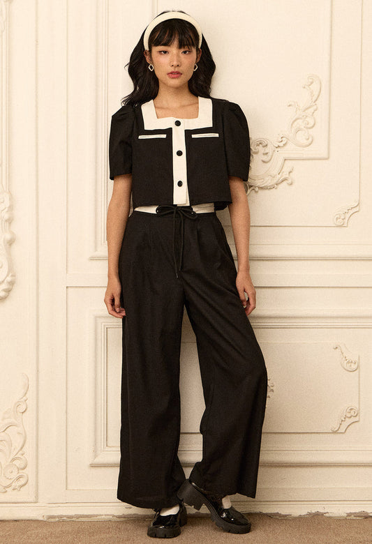 Monochrome Puff Sleeve Crop Top and Trousers Set